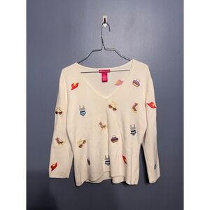 Alexandra Bartlett Embroidered White 3/4 Sleeve Sweater Summer Themed Size Med‎